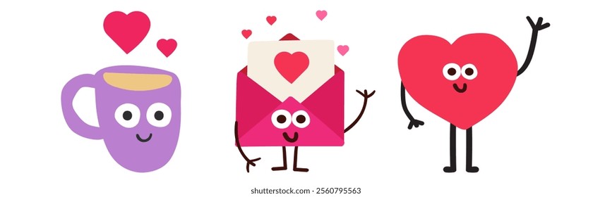 Cute friends. Cup of coffee, love mail, red heart. The design for Valentine's Day. Flat hand drawn illustration on white background.