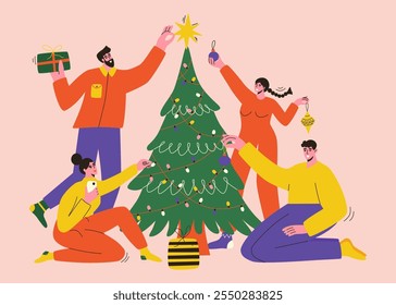 Cute friends decorating Christmas tree with baubles, gifts and garland. Happy family preparing for New Year celebration. Vector illustration in cartoon style for poster, postcard, placard.