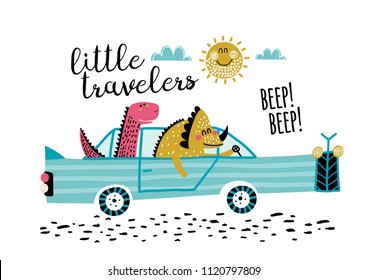 Cute friends dinosaurs with car vector illustration. T-shirt graphics for kids vector illustration. Baby dinosaurs traveling in the car.