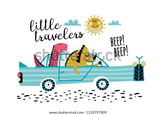 Cute friends dinosaurs with car vector illustration.\
T-shirt graphics for kids vector illustration. Baby dinosaurs\
traveling in the car.