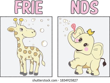 cute friends elephant and giraffe graphic design for tee print