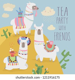 Cute friends mexican white alpaca llamas drinking tea