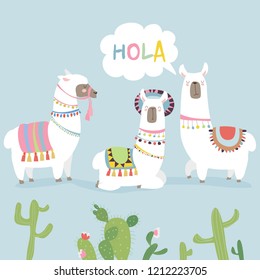 Cute friends mexican white alpaca llamas with cactuses