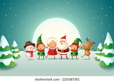 Amigos amables Santa Claus, Sra. Claus, niña y niño de Elfs, reno y hombre de nieve celebran fiestas navideñas - ilustración vectorial en el paisaje invernal