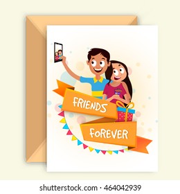 Cute Friends taking selfie together on occasion of Friendship Day, Elegant Greeting Card design with Glossy Ribbon and Envelope.