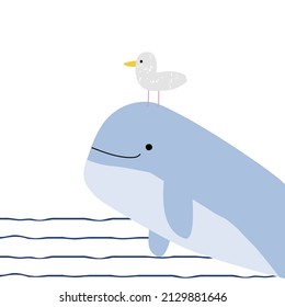 Cables amigos, ballena y gaviota. Gráfica infantil. Ilustración dibujada a mano por vectores.