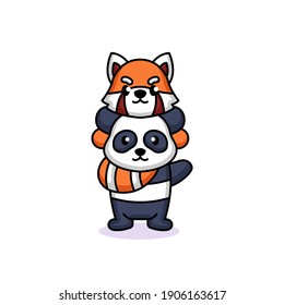 Cute friendship between panda and red panda