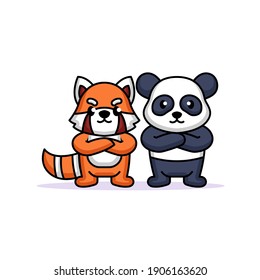Cute friendship between panda and red panda