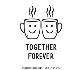 Cute friendship with cups of tea doodle hand drawn icon. Together forever concept. Outline drawing best friends emblem line clipart symbol. Vector illustration