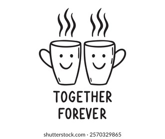 Cute friendship with cups of tea doodle hand drawn icon. Together forever concept. Outline drawing best friends emblem line clipart symbol. Vector illustration