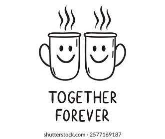 Cute friendship with cups of tea doodle hand drawn icon. Together forever concept. Outline drawing best friends emblem line clipart symbol. Vector illustration