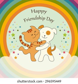 Cute Friendship Day card as Cat and Dog characters union on harmony rainbow background