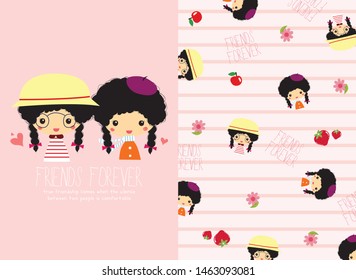 
cute friendship girls with pattern vector set