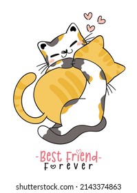 cute friendship two kitty cat hug each other,best friend forever, cartoon animal character drawing vector