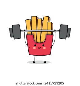 Cute fries cartoon character lifting weight doodle