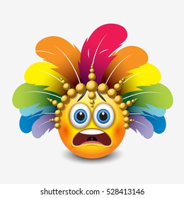 Cute frightened emoticon isolated on white background with carnival headdress motive - smiley - vector illustration