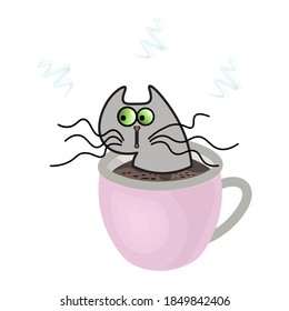 
Cute frightened gray cat with long mustache sits a pink mug with coffee. 
Isolated vector illustration on white background.
