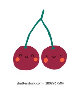 Cute friut. Cartoon cherry. Healthy food. Flat vector hand drawn illustration on white background