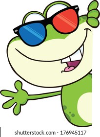 Cute Frog With 3D Glasses Cartoon Character Looking Around A Blank Sign And Waving. Vector Illustration Isolated on white