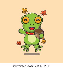 Cute frog with acorns at autumn season. Mascot cartoon vector illustration suitable for poster, brochure, web, mascot, sticker, logo and icon.