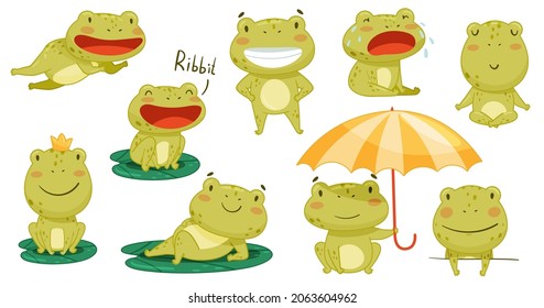 Cute frog activities set. Green funny amphibian toad character smiling, jumping and croaking cartoon vector illustration