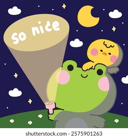 Cute frog ad chicken hold flashlight to night sky background with so nice text.Moon and cloud.Animal character cartoon design.Kawaii.Vector.illusration.