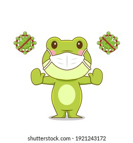 Cute frog against virus. Vector illustration of chibi character isolated on white background.