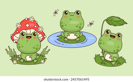 Cute frog amanita mushroom, in swamp and under leaf. Isolated funny animal kawaii character. Vector illustration. Kids collection