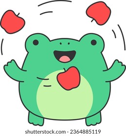 Cute frog with apples. Vector illustration in doodle style.