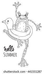 Cute Frog Baby with rubber ring duck.Vector illustration zen art isolated ready for coloring book.