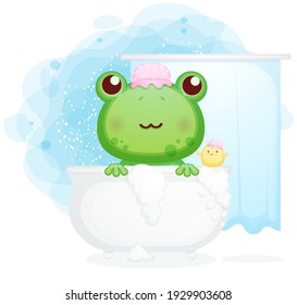 Cute frog in the bathtub with chicks cartoon illustration Premium Vector