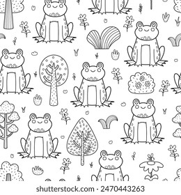 Cute frog black and white seamless pattern for kids. Funny toad character in outline background. Vector illustration 