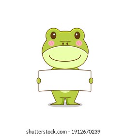 Cute frog with blank board. Vector illustration of chibi character isolated on white background.