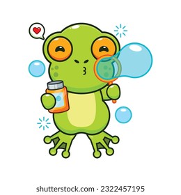 cute frog blowing bubbles cartoon vector illustration.