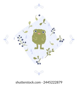 Cute frog and blueberries clipart. Vector illustration for children's textiles and clothing. A cartoon drawn in a delicate palette.