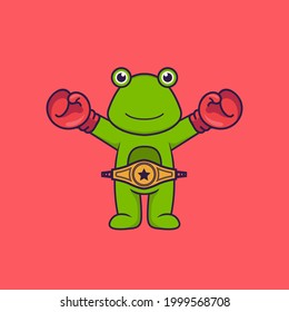 Cute frog in boxer costume with champion belt. Animal cartoon concept isolated. Can used for t-shirt, greeting card, invitation card or mascot.