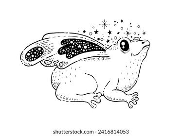 Cute frog with butterfly celestial wing. Outline graphic sketch of funny toad profile with moth wings with black pattern of stars. Magic sitting frog, witch concept art. Vector tattoo illustration