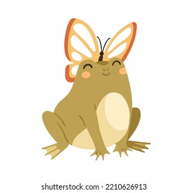 Cute frog with butterfly on head. Funny happy kawaii froggy. Adorable amusing lovely amphibian, toad character with positive emotion. Childish flat vector illustration isolated on white background