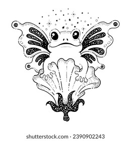 Cute frog with butterfly wings in flower. Outline graphic sketch of funny toad with moth wings with black pattern of stars. Magic frog sitting on lily, vector hand drawn illustration