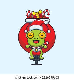 Cute frog carrying christmas gift with motorcycle. Cute christmas cartoon illustration. 