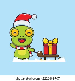 Cute frog carrying christmas gift box. Cute christmas cartoon illustration. 