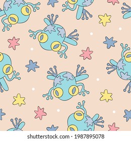 Cute frog. Cartoon animal character. Seamless vector pattern (background). Cartoon print. 