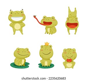 Cute frog cartoon character in everyday activities set. Green funny amphibian animal smiling, jumping, croaking, catching fly vector illustration