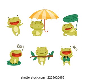 Cute frog cartoon character in everyday activities set. Green funny amphibian animal smiling, croaking, walking vector illustration