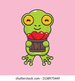 cute frog cartoon character holding love in wood bucket