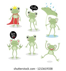 Cute frog cartoon character set. Animal wildlife with bubble speech vector.