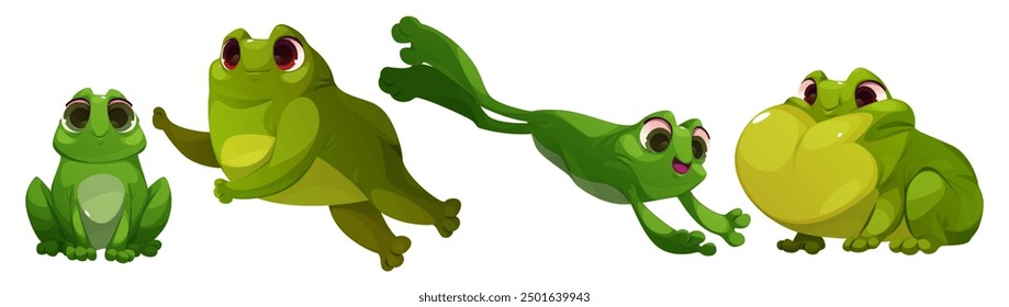 Cute frog cartoon character sitting and jumping. Green toad in different poses. Vector illustration set of funny friendly smiling pond animal. Childish happy swamp creature. Amphibian mascot.