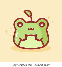 Cute frog. Cartoon Character Frog with sprout on head. Sticker. Funny plump frog with plant. Vector illustration in flat style