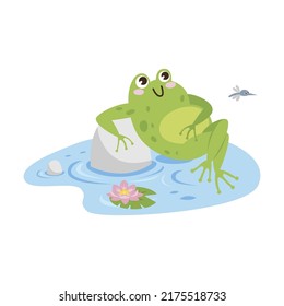 Cute frog cartoon character vector illustration. Drawings of green toads jumping, sitting in pond with lotus, catching dragonflies isolated on white