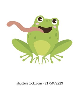 Cute frog cartoon character vector illustration. Drawings of green toad sitting in pond with lotus, catching dragonflies isolated on white